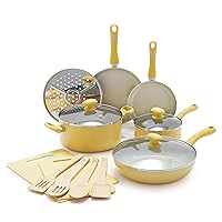 GreenLife Soft Grip Healthy Ceramic Nonstick 15 Piece Kitchen Cookware Pots and Frying Sauce Saute Pans Set, PFAS-Free with Kitchen Utensils and Lid, Dishwasher Safe, Yellow