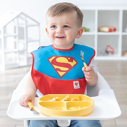 Bumkins Bibs for Girl or Boy, SuperBib Baby and Toddler for 6-24 Months, Essential Must Have for Eating, Feeding, Baby Led Weaning, Mess Saving Waterproof Soft Fabric, 3-pk DC Comics Justice League