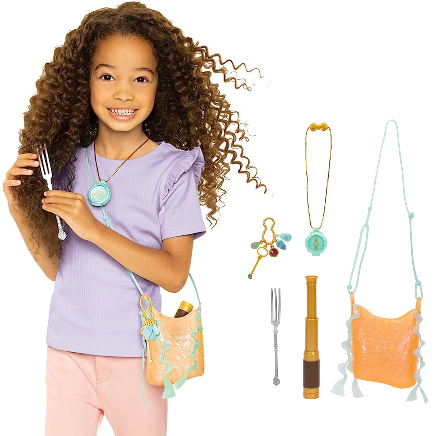 Disney The Little Mermaid Ariel Treasure Bag with Detachable Key Ring & Charms, Expanding Spy Glass, Compass and Dinglehopper Fork! Pretend Play Toys for Girls