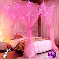 Pink Bed Canopy with Lights for Girls, 8 Corners Post Canopy Bed Curtain with Pink LED Star Lights Remote Control for Girls Bedroom, Hanging Princess Canopy for Twin Full Queen King Bed