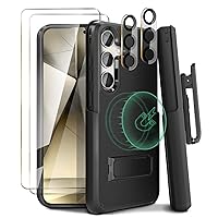 5 in 1 Magnetic Case for Samsung Galaxy s24 Plus Case with Belt Clip, [10FT Military Grade] with 2X Screen Protector + 2X Camera Lens Protector for s24 Plus Holster Case 6.6” | Black