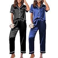 Ekouaer 2 Pack: Satin Pajama Set for Women 4 Piece Short Sleeve Pj Set Silk Sleepwear Top and Long Pant Lounge Set