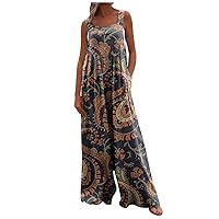 Women's Casual Adjustable Strap Sleeveless Jumpsuits Floral Print Rompers Wide Leg Loose Bib Overalls with Pockets