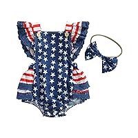 Kupretty Newborn Baby Girl 4th of July Outfits My First Fourth of July Romper Ruffle Sleeve Backless Jumpsuit Headband Set