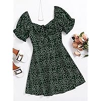Dresses for Women Dress Women's Dress Sweetheart Neck Puff Sleeve Drawstring Ruched Dalmatian Dress Dress (Color : Dark Green, Size : Medium)