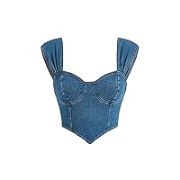 SHENHE Women's Denim Bustier Top Zip Back Sweetheart Neck Asymmetrical Jean Crop Tank