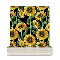 Sunflower Plant Ceramic Coasters with Cork Bottom Absorbent Drink Coaster for Wooden Table Square 3.7 Inches 4PCS