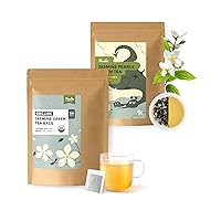 Fescha Jasmine Tea Set, 4oz Jasmine Pearls & 50ct Jasmine Green Tea Bags, Packed by Resealable Kraft Bag, 100+ Cups