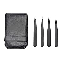 Amazon Basics Stainless Steel Slant and Pointed Hair Removal Eyebrow Tweezers Set, Precision Tweezer For Ingrown Hair, Eyebrows Plucking, 4-Pack, Black (Previously AmazonCommercial brand)