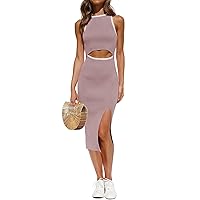 ZESICA Women's Summer Bodycon Sweater Dress Sleeveless Cut Out Contrast Color Side Slit Pencil Dresses