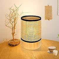 Bamboo Weaving Table Lamp with Handmade Natural Wooden Base, Retro Desk Lamp Reading Light Home Decor for Kids Room,Living Room,Bedroom,Dorm Decor