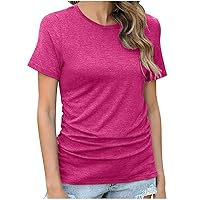 Womens 2024 Summer Tunic Tops Casual Short Sleeve Round Neck Tshirts Front Ruched Plain Work Dressy Blouses