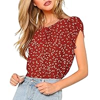 Boho Floral Print Tops for Women Round Neck Petal Cap Sleeve Pleated Blouse Vacation Office Work Casual Shirts