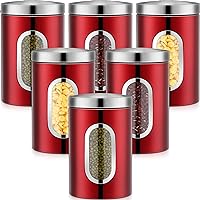 Zopeal 6 Pack Red Canisters Sets For The Kitchen 50oz Stainless Steel Red Kitchen Canisters with Transparent Windows Flour Sugar Container Metal Jar Countertop Set for Coffee Tea Kitchen Decorative
