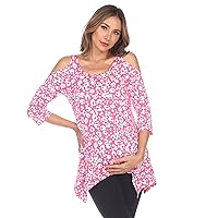 white mark Women's Maternity Printed Cold Shoulder 3/4 Sleeve Tunic Top with Side Pockets