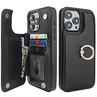 for iPhone 15 Pro Max Wallet Case with Card Holder, 360° Rotation Ring Kickstand RFID Blocking PU Leather Double Magnetic Clasp Shockproof Cover for Women and Girls 6.7 Inch (Black)