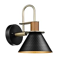 Black Wall Sconce, HWH Industrial Indoor Wall Light Fixture, Single Wall Vanity Light Gooseneck Barn Wall Lamp with Hammered Metal Shade, Black and Gold Finish, 5HZG74B BK+BG