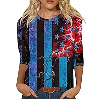 3/4 Sleeve Shirts for Women Independence Day Print Graphic Tees Blouses Casual Plus Size Casual Loose Shirts