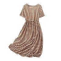 Womens Dresses 2023 Casual Cotton Linen Dress Short Sleeve Scoop Neck Tie Waist Long Dresses Flowy Beach Maxi Sundress