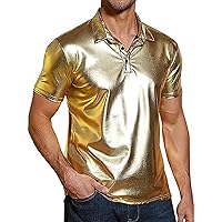 Mens Sequins Disco Short Sleeve Shirts Vintage 70s Nightclub Party Solid Color Loose Fit Tshirt Tee Tops