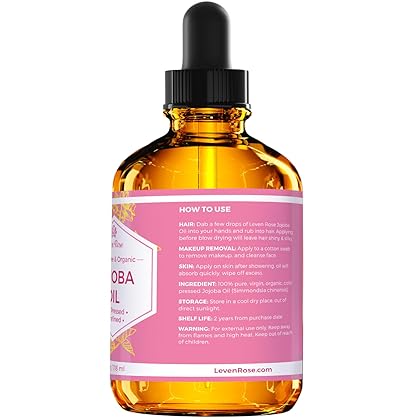 Jojoba Oil by Leven Rose, Pure Cold Pressed Natural Unrefined Moisturizer for Skin Hair and Nails 4 oz