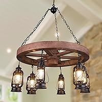 Wellmet Western Wagon Wheel Chandelier with Antique Rustic Lanterns, Farmhouse Chandeliers for Dining Room, Wood Ceiling Light Fixture for Living Room Bedroom Foyer Entryway Cabin