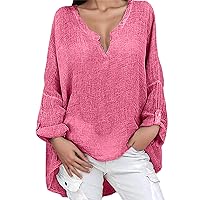 Women's Low High Linen Gauze Shirts Sexy Party Club Night 3/4 Sleeve Casual Oversized Tops Loose Fit Spring Dress