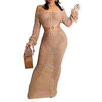 Womens Sexy V-Neck Knitted Hollow Long Sleeve Solid Color Casual Long Dress Beach Smock Dress
