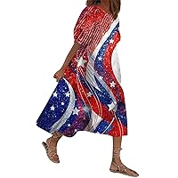 American Flag Dress Women Loose Casual Bohemian Beach Sundress Vintage Printed Bubble Sleeve Dresses