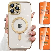for iPhone 15 Pro Max Case Magsafe, Magnetic Clear Phone Case with Screen Protector and Camera Cover, Transparent Electroplated Case for Women/Girl/Men (Gold)