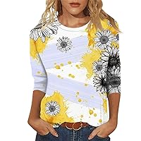 Fashion Cute Tops for Women 3/4 Length Sleeve Crew-Neck T Shirts Flower Printing Loose Casual Blouses