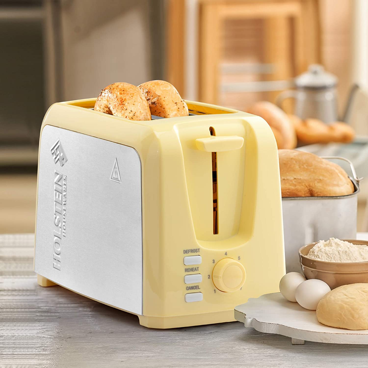 Holstein Housewares - 2-Slice Toaster with 7 Browning Control Settings, Yellow/Stainless Steel - Great to Toast Bread, Bagels and Waffles