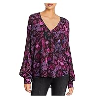 Womens Purple Printed Balloon Sleeve V Neck Blouse 42