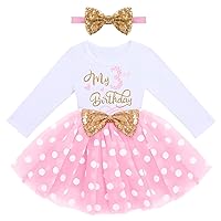 Baby Girls 1st 2nd 3rd Birthday Dress Long Sleeve Polka Dots Outfit with Headband Kids Mouse Cake Smash Photo Shoot