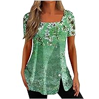 Ladies Floral Print Blouses Sexy Casual Square Neck Tshirt Button Split Hem Tops for Women Loose Fit Casual Tunics