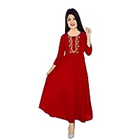 Women Embroidered Dress Long Cotton Tunic Ethnic Party Wear Casual Frock Suit Red Color Plus Size