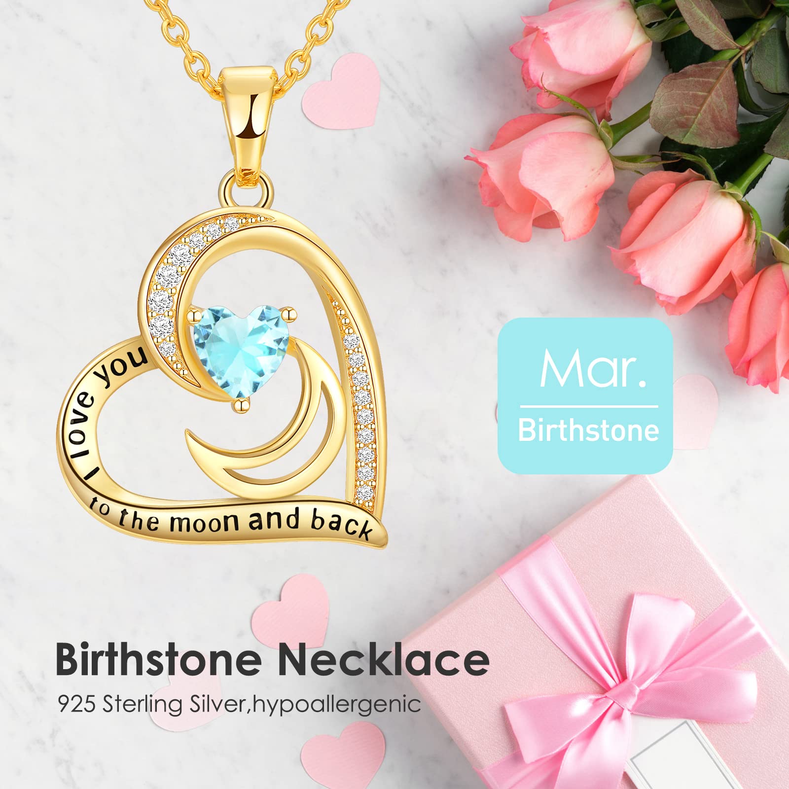 DFUNH Birthstone Necklace for Women Girls, I Love You to The Moon and Back Heart Necklace Jewelry Gifts for Women Mom Daughter Mothers Day Gifts Birthday Gifts Valentines Day Gifts for Her Mother Wife Girlfriend