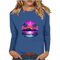 Coconut Tree Beach Long Sleeve Tops for Women Casual Graphic Print Tops Crewneck Shirts Vacation Blouses Hawaiian Tees