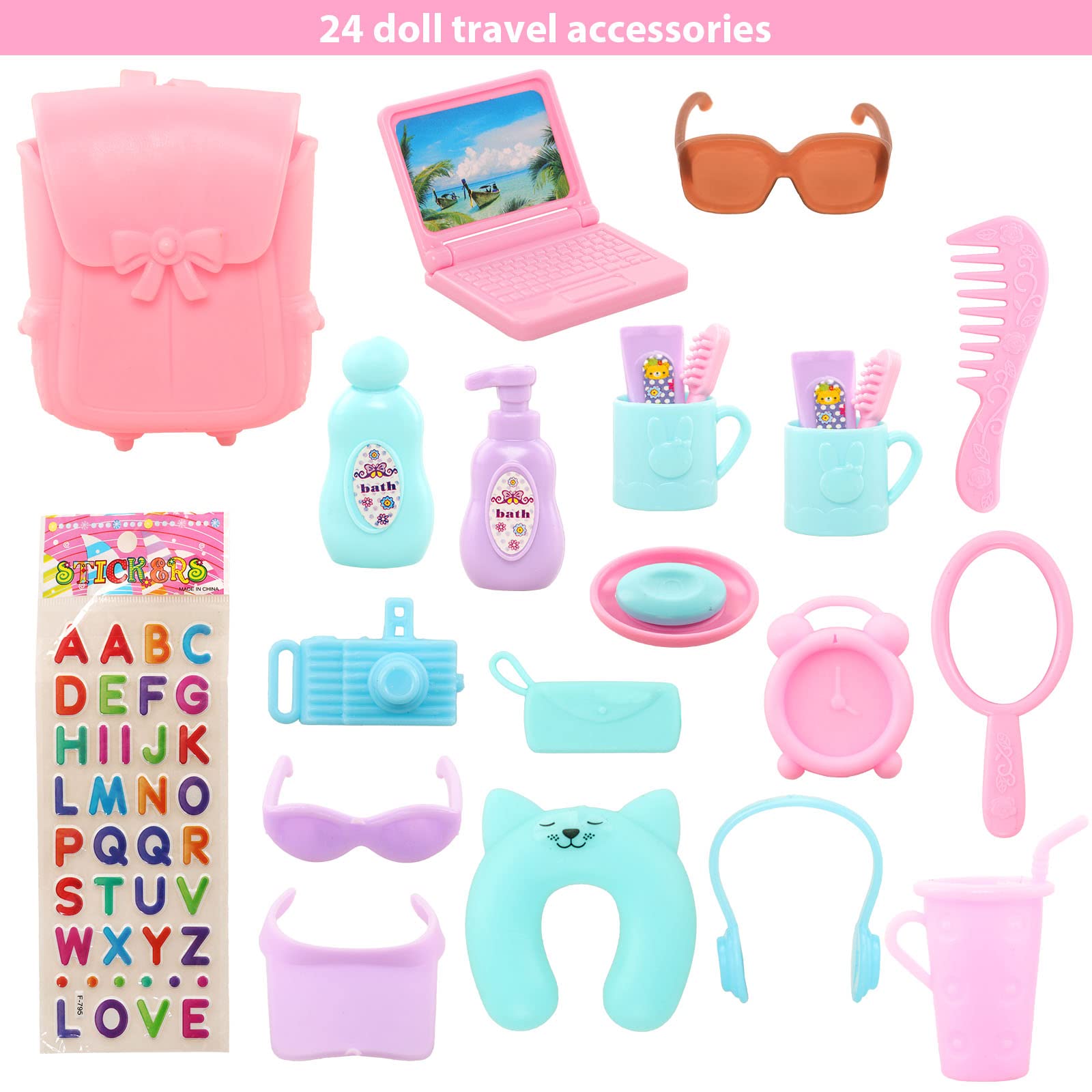 30 Pcs Doll Travel Playset 1 Luggage 1 Backpack 5 Doll Clothes 8 Travel Accessories 12 Toiletries1 Sunglasses for 11.5 Inch Girl Doll(Doll NOT Include)