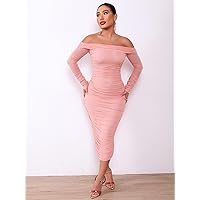 Dresses for Women Off Shoulder Ruched Mesh Bodycon Dress (Color : Baby Pink, Size : Small)