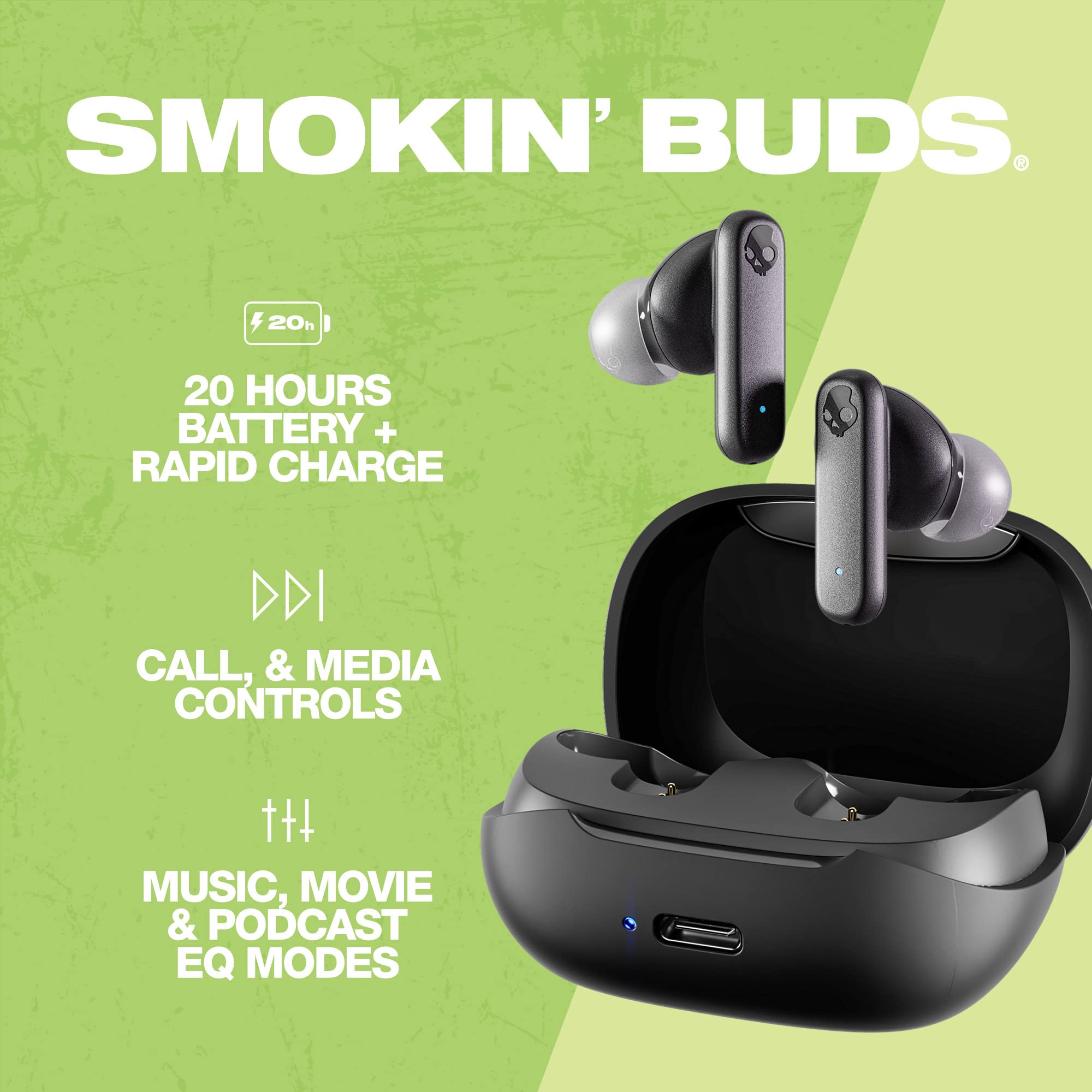 Skullcandy Smokin Bud In-Ear Wireless Earbuds, 20 Hr Battery, 50% Renewable Plastics, Microphone, Works with iPhone Android and Bluetooth Devices - Black