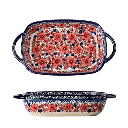 Bicuzat Vintage Style Cherry Blossom Flowers Pottery Bakeware Ceramic Casserole Dish Baking Pan Lasagna Pans Baking Dish with Handles for Oven to Table-1 PCS, 22 oz