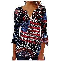 4th of July Outfits for Women,4th of July Shirts for Women Independence Day Star Stripes Print Tops Casual Bell 3/4 Sleeve Button V Neck Blouse Plus Size 3/4 Sleeve Tops for Women