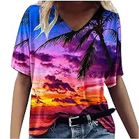 Women V Neck Tshirt Oversized Beach Palm Printing Tops Casual Trendy Workout Shirts 2024 Loose Fit Tunic Blouses