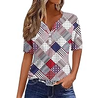 Tops for Women Dressy Casual, Ladies Tops Summer Short Sleeve Tshirt Casual Henley Vneck Button Blouse Printed Loose Fit