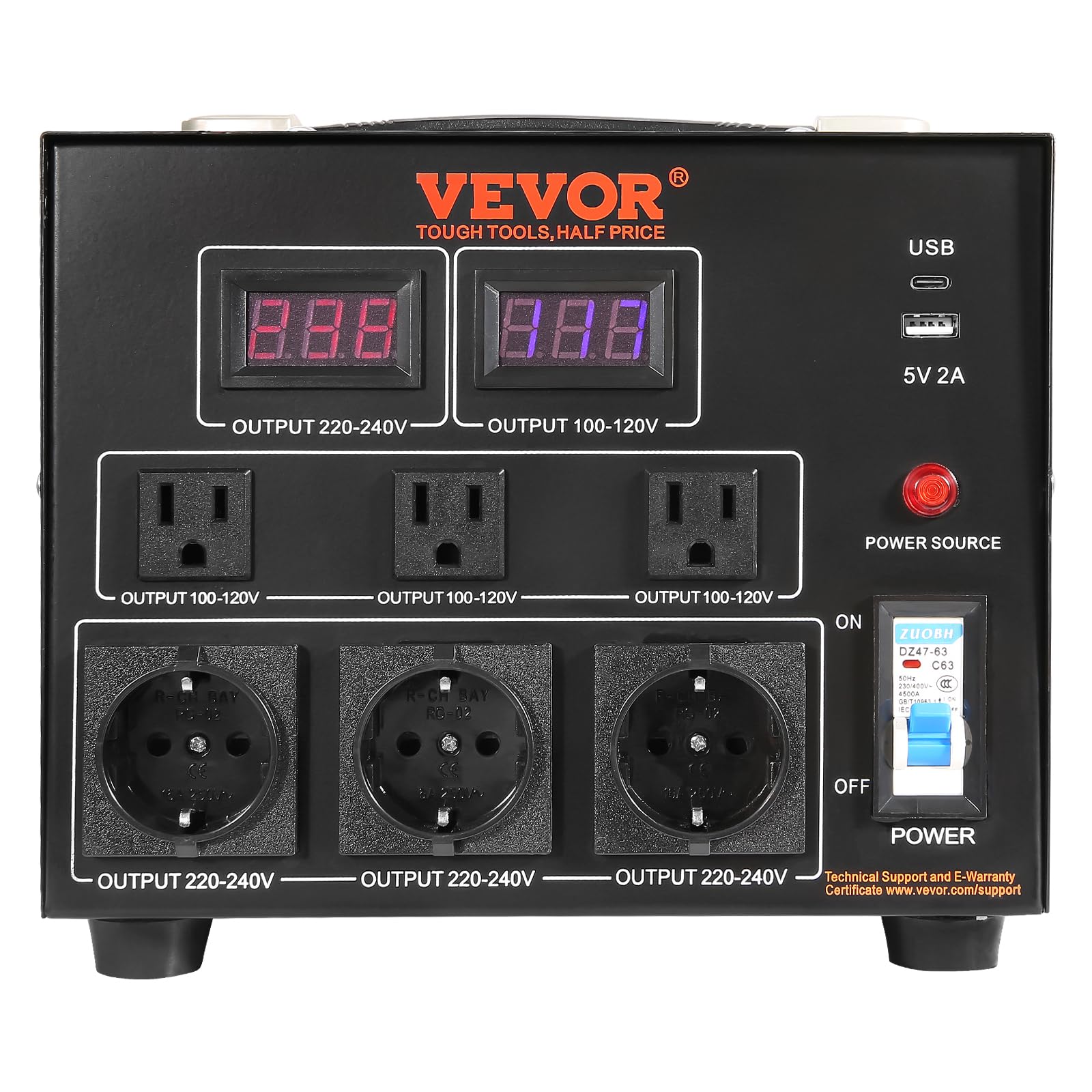 VEVOR Voltage Converter Transformer, 3000W, Heavy Duty Step Up/Down Transformer, Convert from 110 Volt to 220 Volt and from 220 Volt to 110 Volt, with US Outlet EU Outlet 5V USB Port, CE Certified