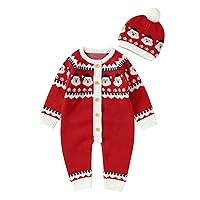 Newborn Infant Boy Girl Christmas Santa Knitted Sweater Baby Jumpsuit Romper Cotton Hat Caps Boys Toddler