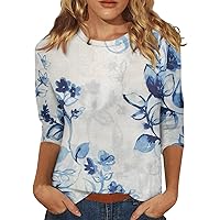 Womens 3/4 Sleeve Trendy Summer T Shirt Pub Tunic Crew Neck Cosy T Shirt Casual Loose Fit Printed Comfy Soft Blouse