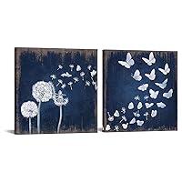 iHAPPYWALL 2 Pieces Rustic Dandelion Butterfly Canvas Wall Art Wish Flowers Navy Blue Picture Artwork for Bathroom Bedroom Home Decor Ready to Hang 12x12inchx2pcs (Blue and White)