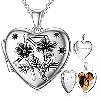 Heart Birth Flowers Zodiac Locket Necklace That Holds Picture Sterling Silver Personalized Various Months Constellation Photo Locket Gift for Loved Ones' Birthday Lucky Horoscope